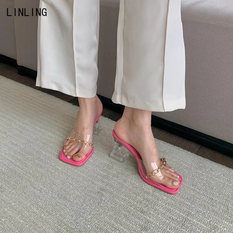 

Summer Square Toe Women Slippers Slip On Chain Shoes Ladies Sexy Strange Style Female Transparent Party Slides sandalias mujer