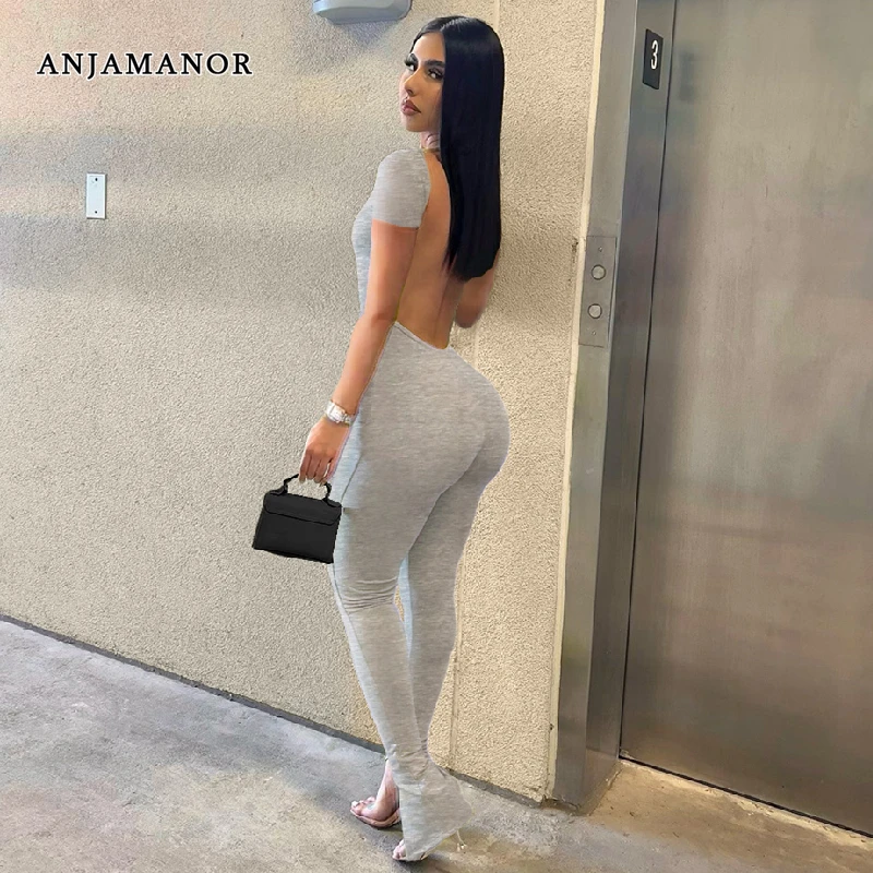 

ANJAMANOR Sexy Backless Jumpsuits for Women 2023 Fashion Nightclub Outfit Short Sleeve Bodycon Split Hem Jumpsuits D74-CZ25