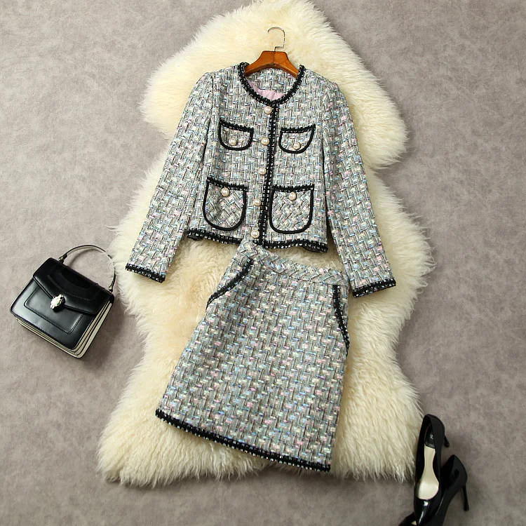 

Женская одежда для зимы 2023, с длинным рукавом, однобортная твидовая куртка с карманами и юбка, модные костюмы, в европейском и американском стиле