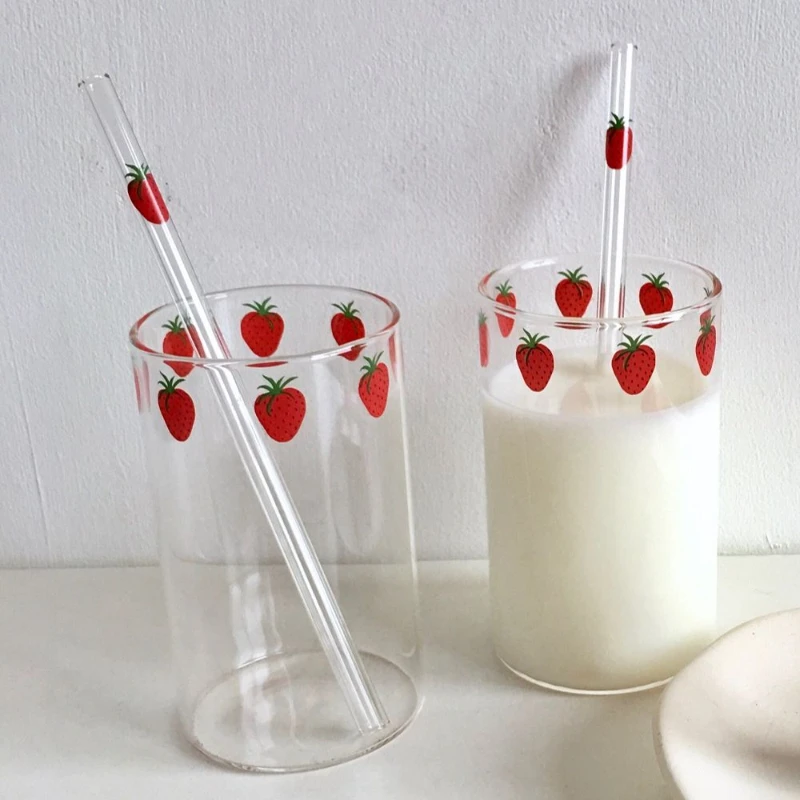 Strawberry Cute Glass Cup with Straw Creative Transparent Water Cup Student Milk Heat Resistant Glass Nana Drinking Glasses