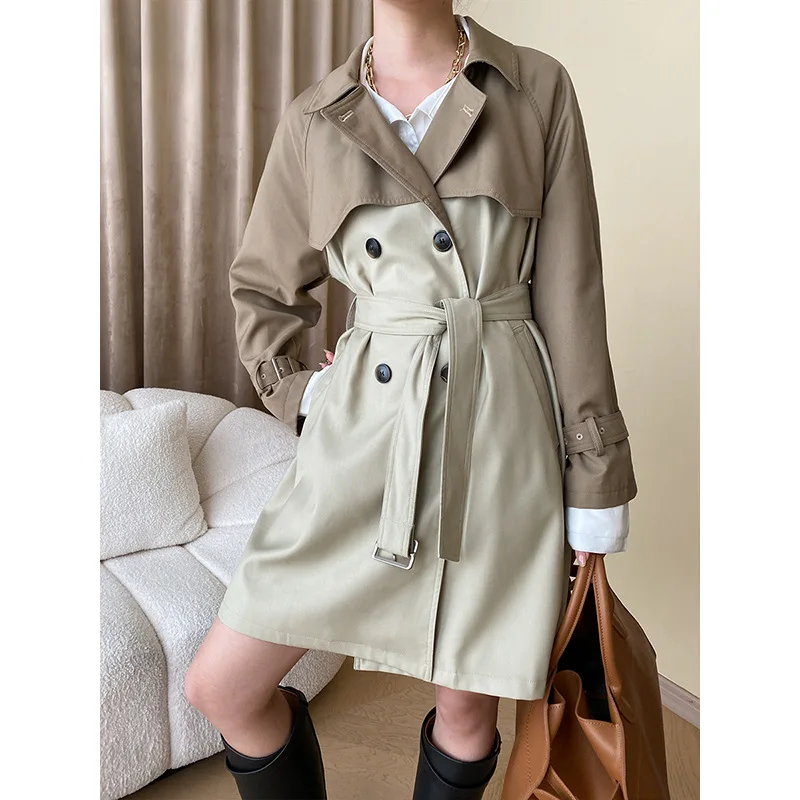 

SuperAen корейский стиль высокого класса контрастного цвета осень двубортный ремень пальто для женщин