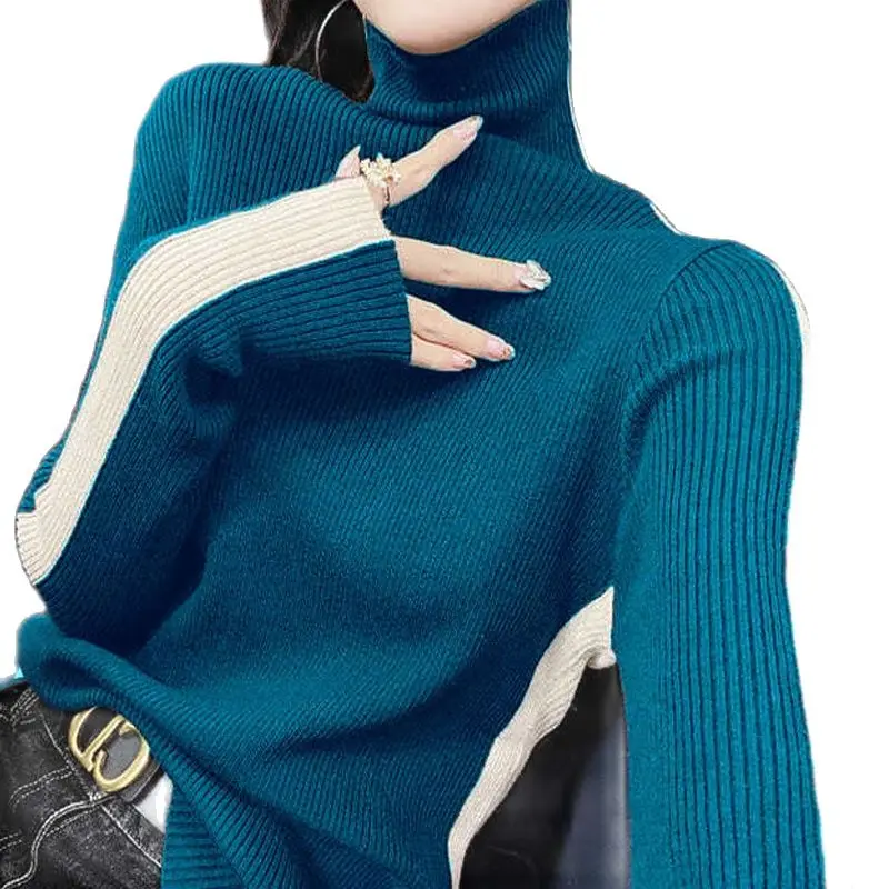 

For Women 2022 Autumn New Pullovers Sweaters Bar Color Blocking Long Sleeve Jumpers Knitted Slim Pile Collar Commute Fashion
