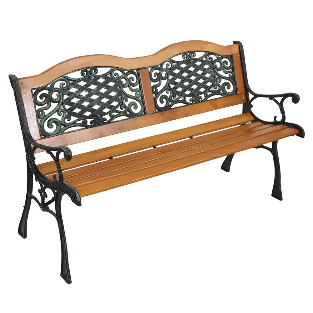 

US Stock 49 Inch Garden Bench Hardwood Slat Cast Iron Frame Loveseat Outdoor Patio Park Chair Furniture With Armrests