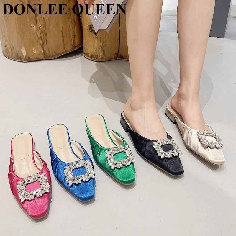 

Fashion Brand Crystal Buckle Designer Pleated Mule Slippers Women Flat Heels Pointed Toe Slides Bling Sandal Spring Shoes Mujer