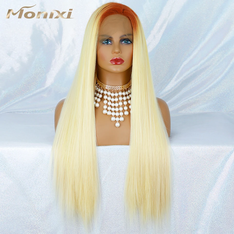 

MONIXI синтетические кружевные передние парики, длинные прямые светлые волосы 13*4, парик из термостойкого волокна для женщин, для повседневного использования и Косплея