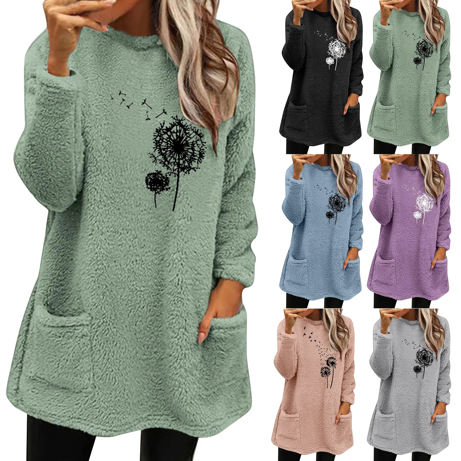 

Womens Winter Coat Loose Wool Jacket Long Sleeved Jumper With Pockets vintage Running
