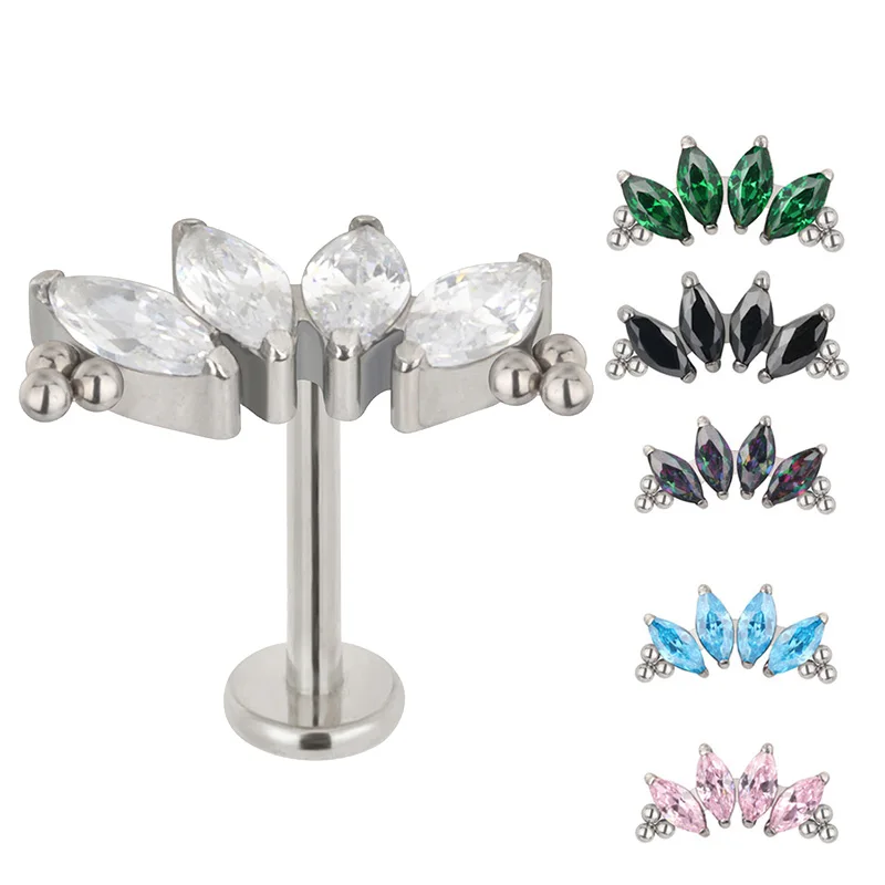 

G23 Titanium PIERC 4 Zircon Marquise With Tri-bead Cluster Threaded Top Ear Cartilage Earrings Lip Ring Stud Piercing Jewelry