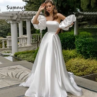 ivory white wedding dress puff sleeve strapless backless back lace up solid satin with long court train bride gown robe de novia