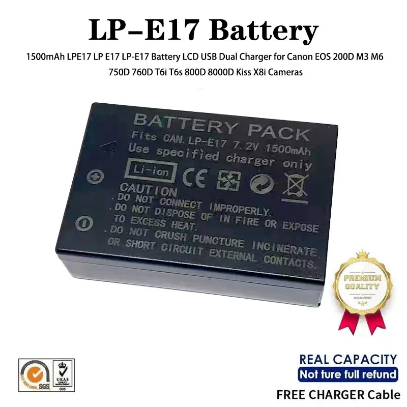 

1500mAh LPE17 LP E17 LP-E17 Battery LCD USB Dual Charger for Canon EOS 200D M3 M6 750D 760D T6i T6s 800D 8000D Kiss X8i Cameras