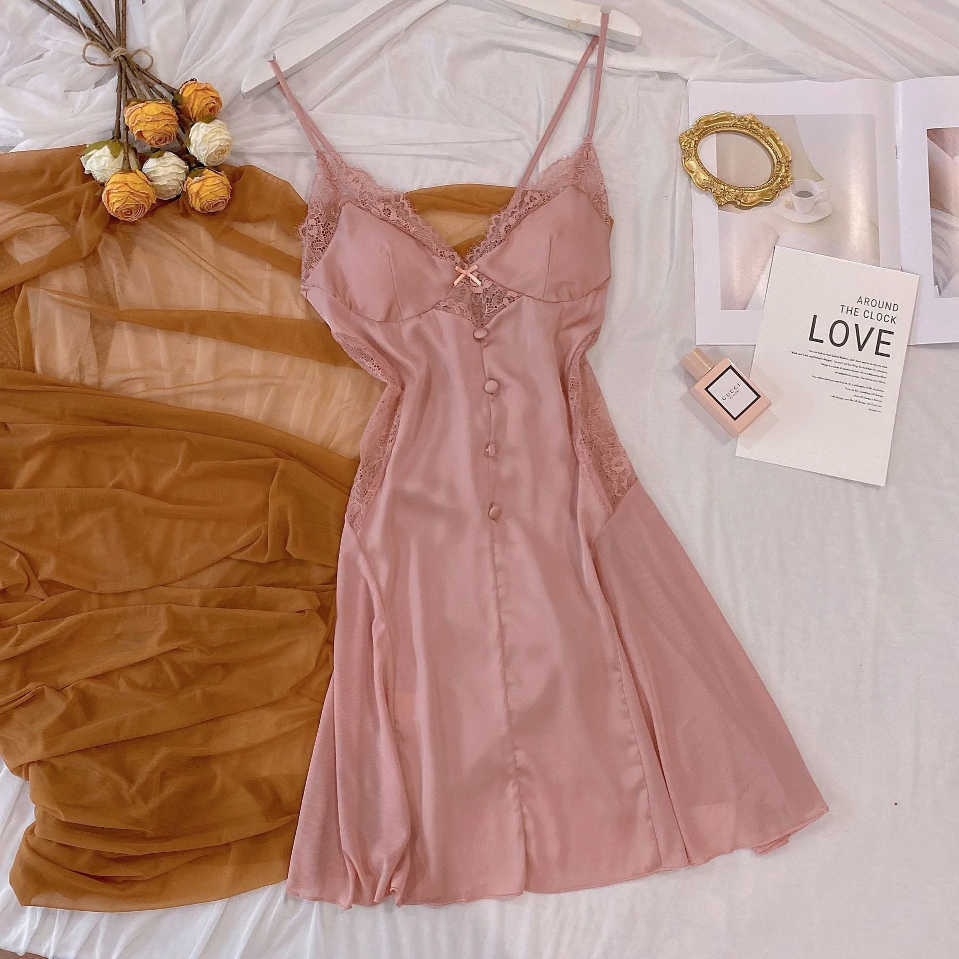 Lisacmvpnel Sexy Hollow Women Summer Nightdress Ice Silk Lace Nightgown With Breast Pad Pajamas Home Clothes