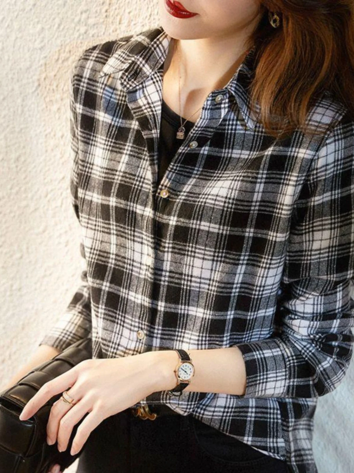 Fashion Light Luxury Sle Black and White Plaid Long sleeve Shirt Korean Series Atmosphere Sense Daily Good Match Fashionabl...