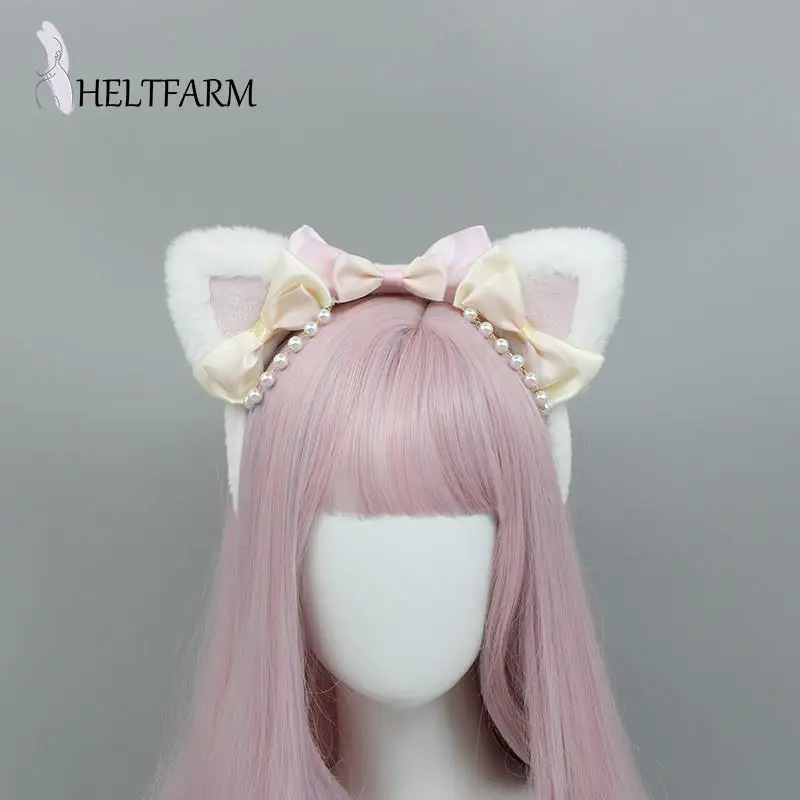 

Anime Lolita Cosplay Animal Headband Cute Plush Cat Ears Ruffled Lace Ribbon Bowknot Bell Hair Hoop Masquerade Headpiece