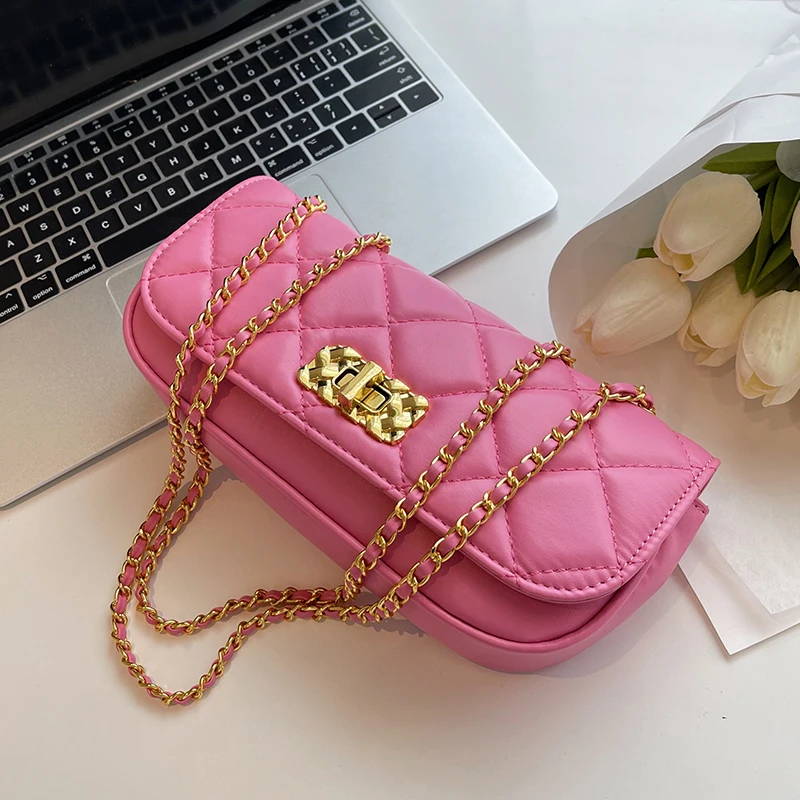 

Korea Style Small PU Leather Shoulder Crossbody Sling Bags for Women 2022 Summer Fashion Brand Trendy Chain Cute Quilted Handbag