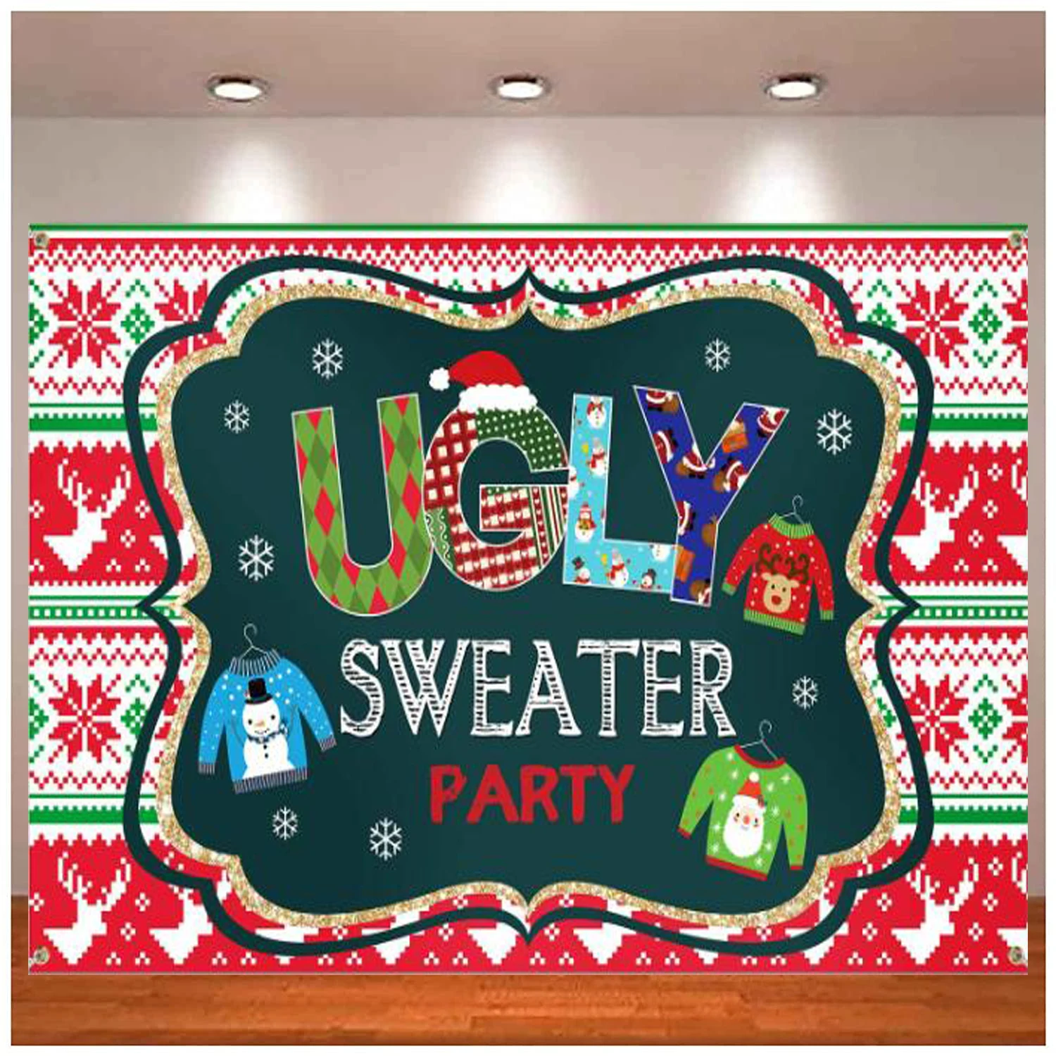 

Ugly Sweater Party Supplies Red And Green Xmas Party Backdrop For Christmas Decoration Winter Kids Elfed Photo Booth Background