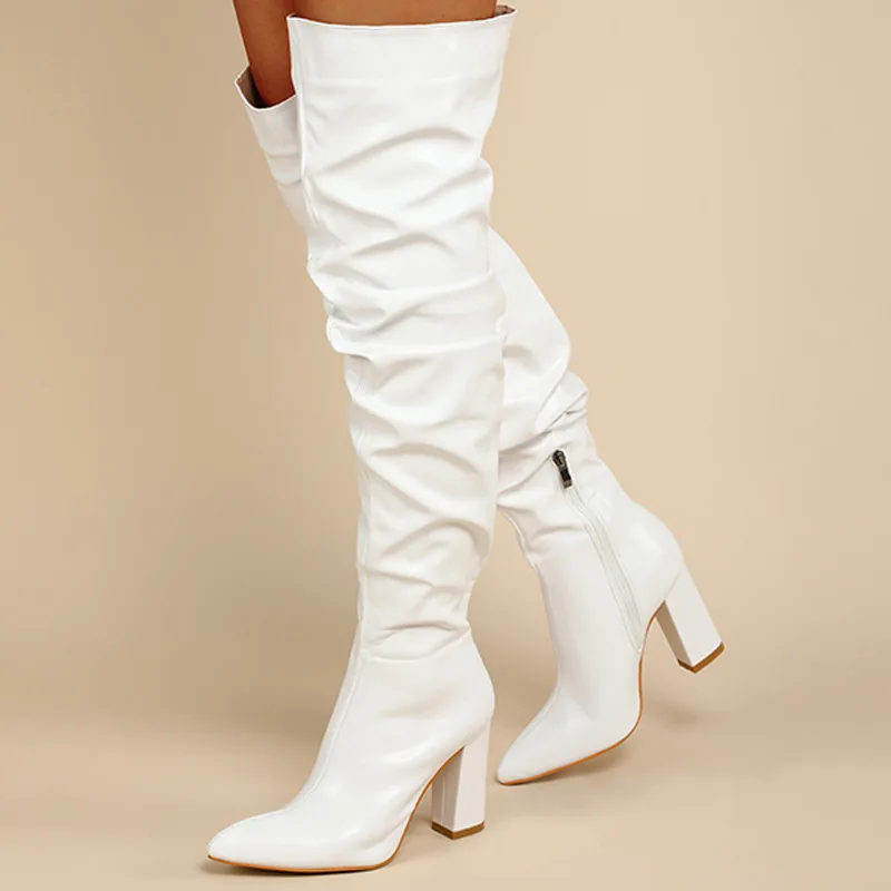 New Winter Women Over-the-Knee Boots White Style Square High Heel Black Shoes Pleated Pointed Toe Ladies Long Keep warm Boots