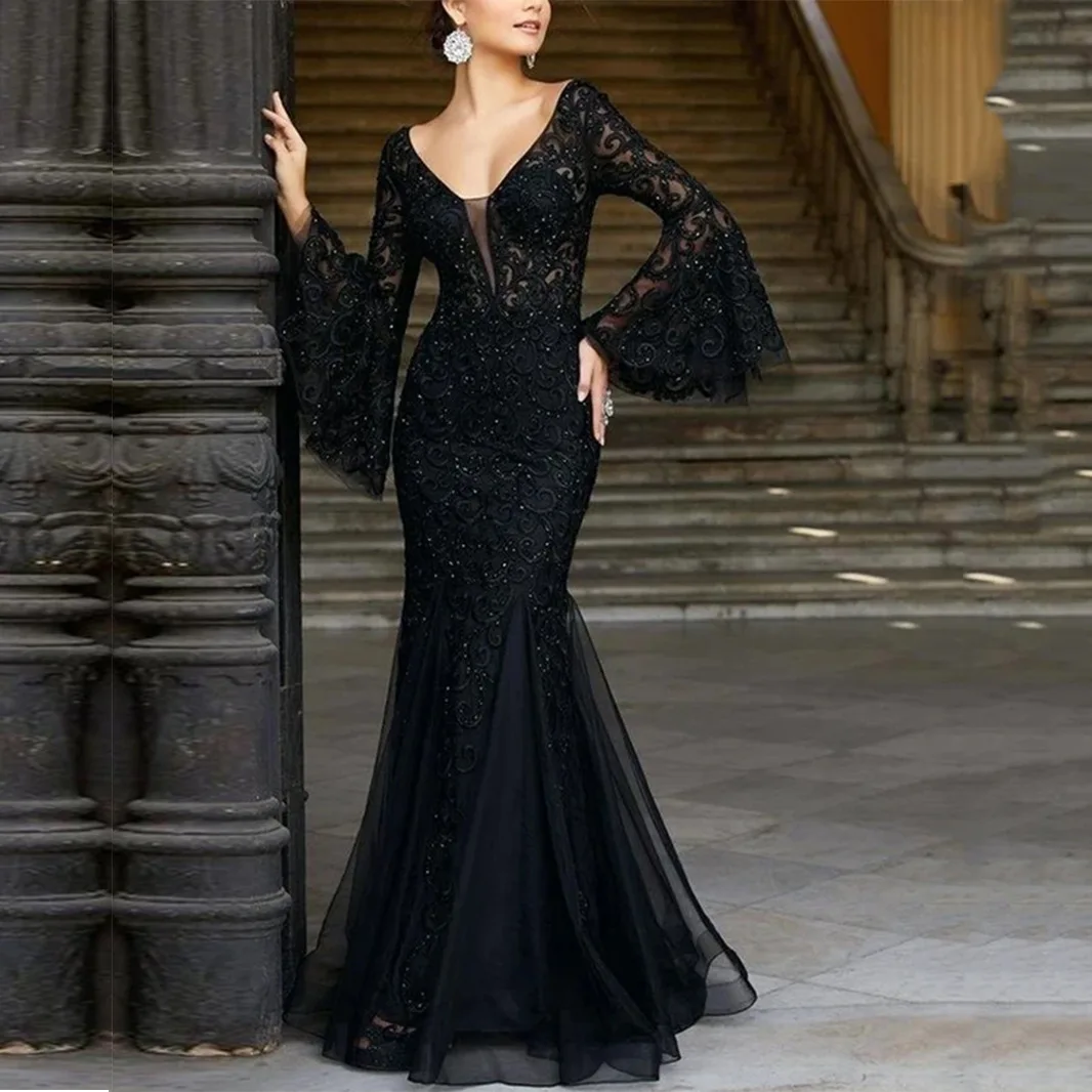 

Новинка 2023, женское платье в европейском и американском стиле, черное облегающее вечернее платье с кружевной вышивкой «рыбий хвост»