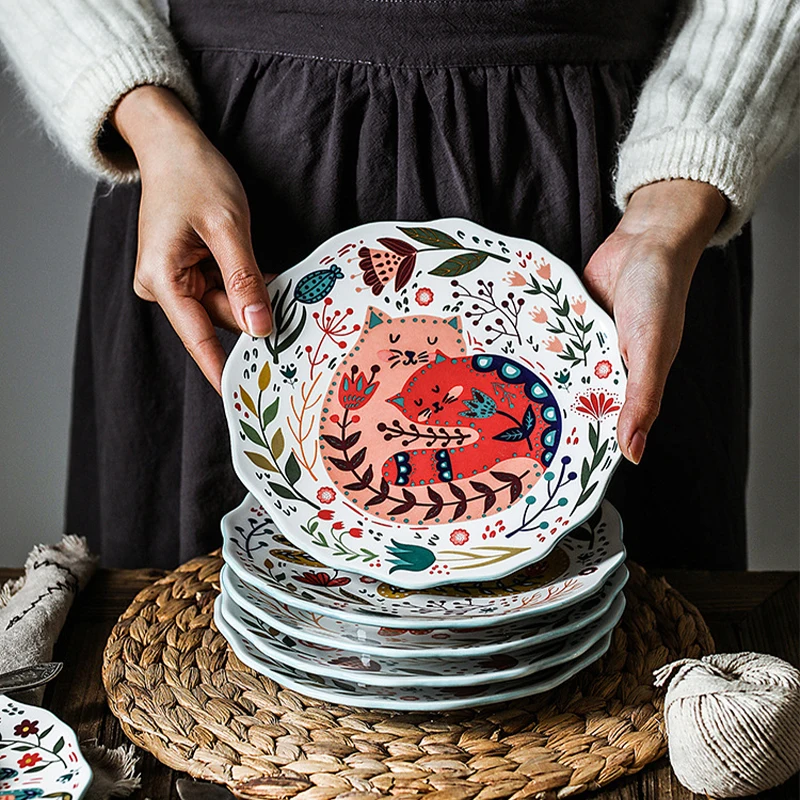 

Colorful Cat Dinner Plate Ceramic Dinner Dishes Kitten Dinnerware Microwave Cake Dessert Pasta Fruit Tray Home Full Set Plate