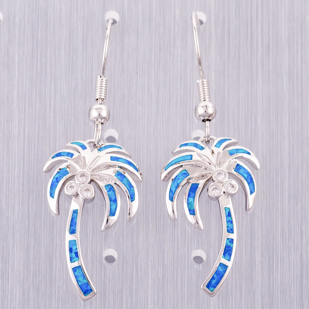 

KONGMOON Palm Tree Ocean Blue Fire Opal CZ Silver Plated Jewelry for Women Dangle Drop Earrings