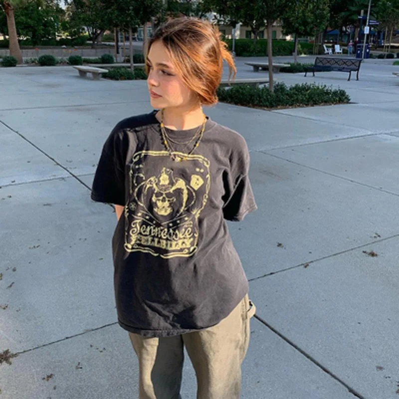 

High Street Retro Skull Harajuku Punk Gothic Print Loose Casual Round Neck Top Short Sleeve T-Shirt Women's Clothing Y2K Size
