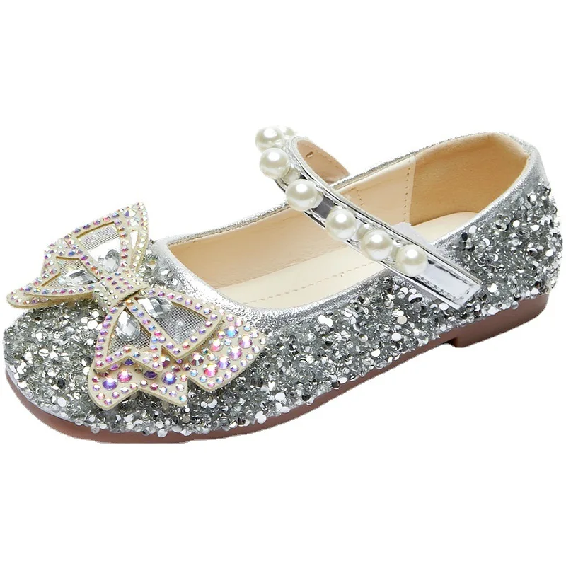 

CUZULLAA Girls Elegant Sequins Butterfly-Knot Princess Shoes Children Flats Soft Sole Casual Shoes Size 23-36