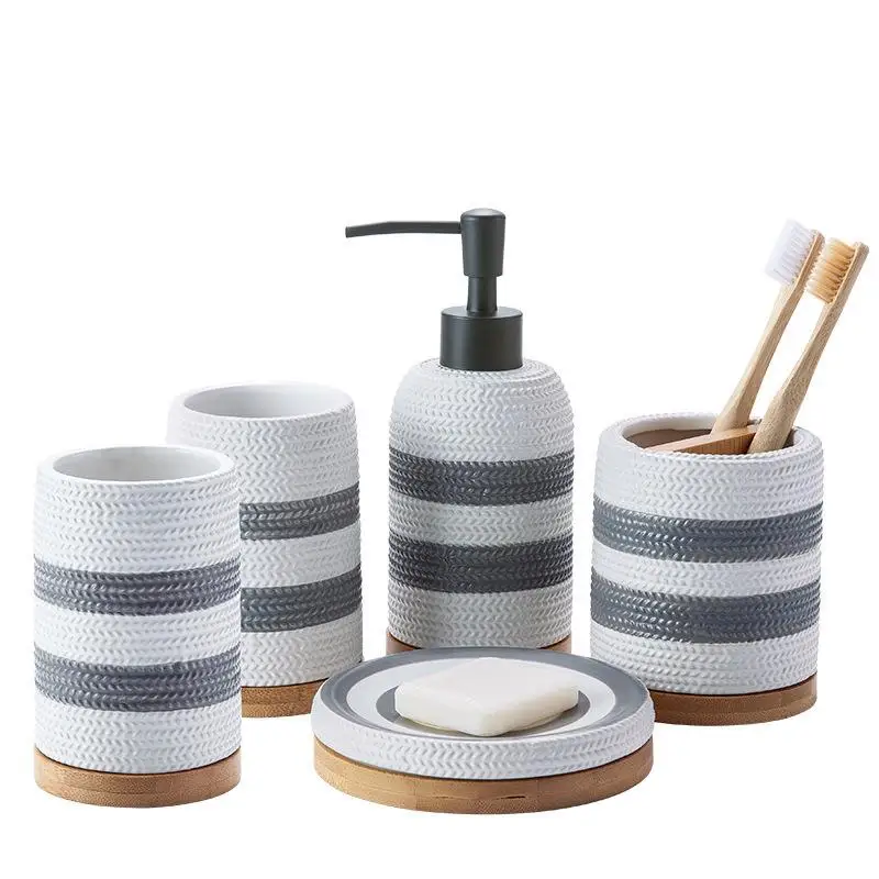 

European Black white stripes Wash set Ceramics Five Piece Set Soap box Gargle cup Soap Bottle Toothbrush holder bathroom decor