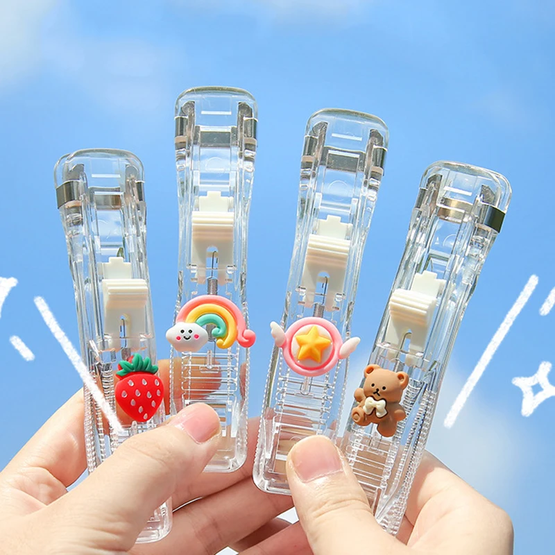 

Transparent Cute Stationery Stapler Book Binding Machine One Finger Touch Stapling Reusable Staples School Office Accessories
