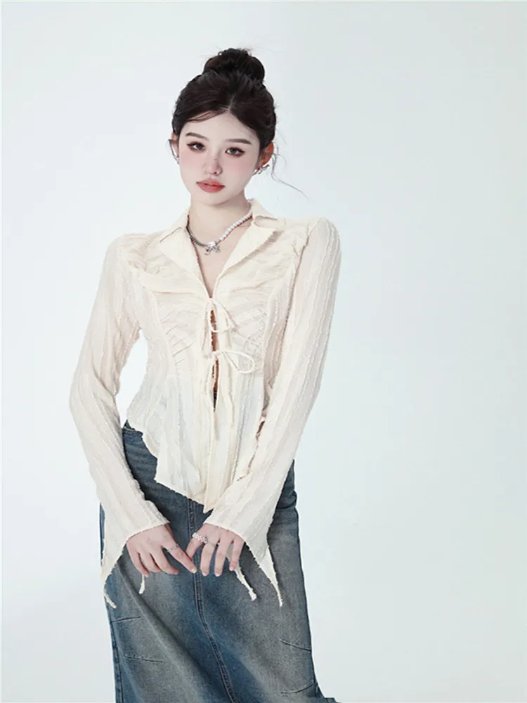 

DALMAZZO, весна и лето, дизайнерская женская шикарная рубашка с отложным воротником и длинным рукавом, со шнуровкой, топы, новинка 2023