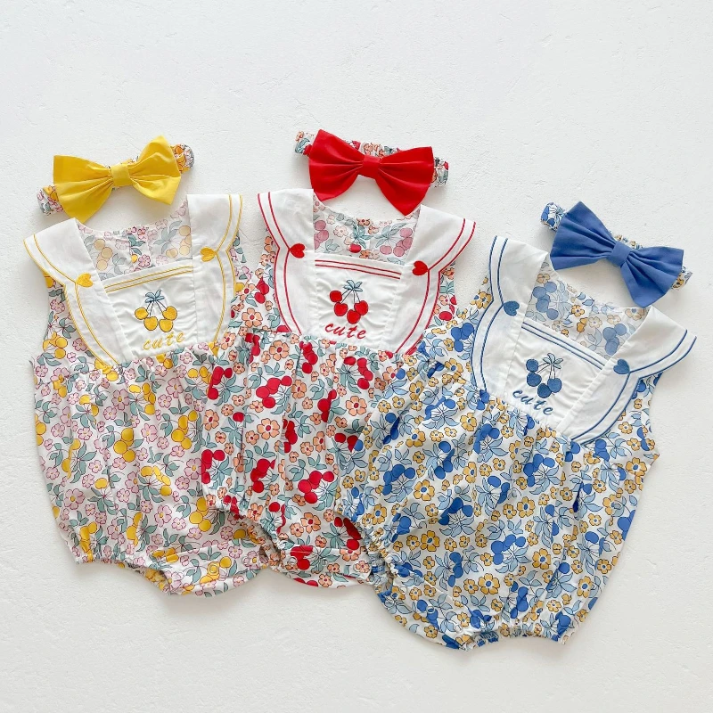 

2022 Summer Newborn Baby Clothes Baby Girl Clothes Lovely Sleeveless Cherry Embroidered Square Collar Bag Fart Climbing Bodysuit