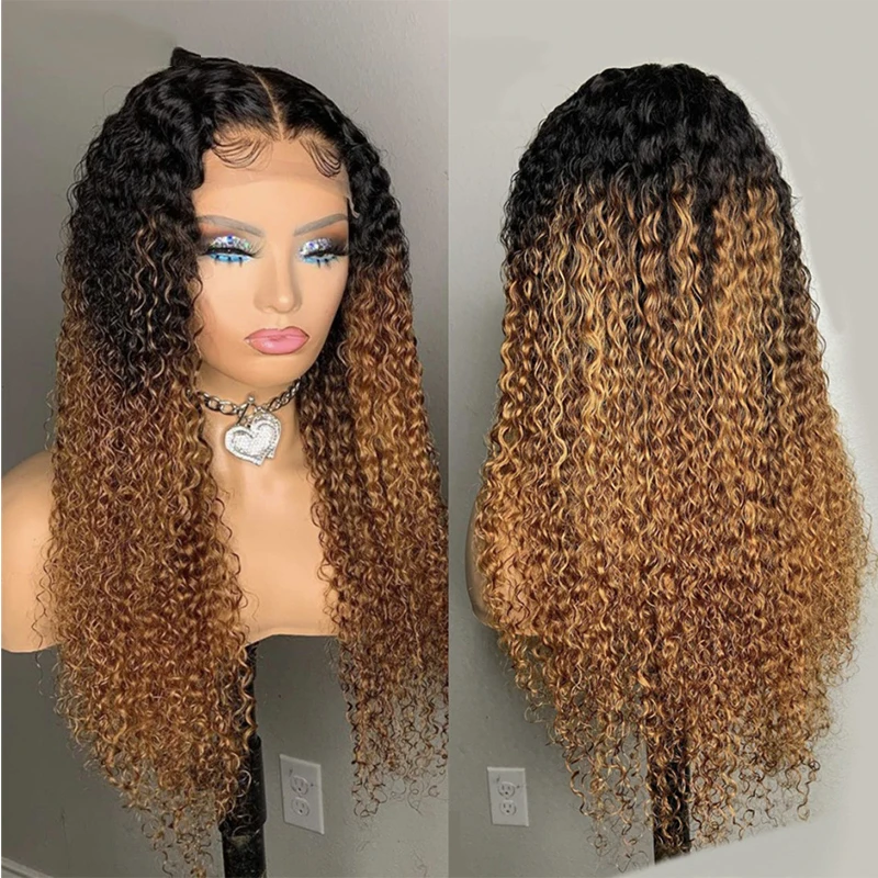 Long Remy Glueless Ombre Honey Blonde Soft Curly Brazilian Human Hair 13x4Lace Front Wig For Black Women PrePlucked BabyHair