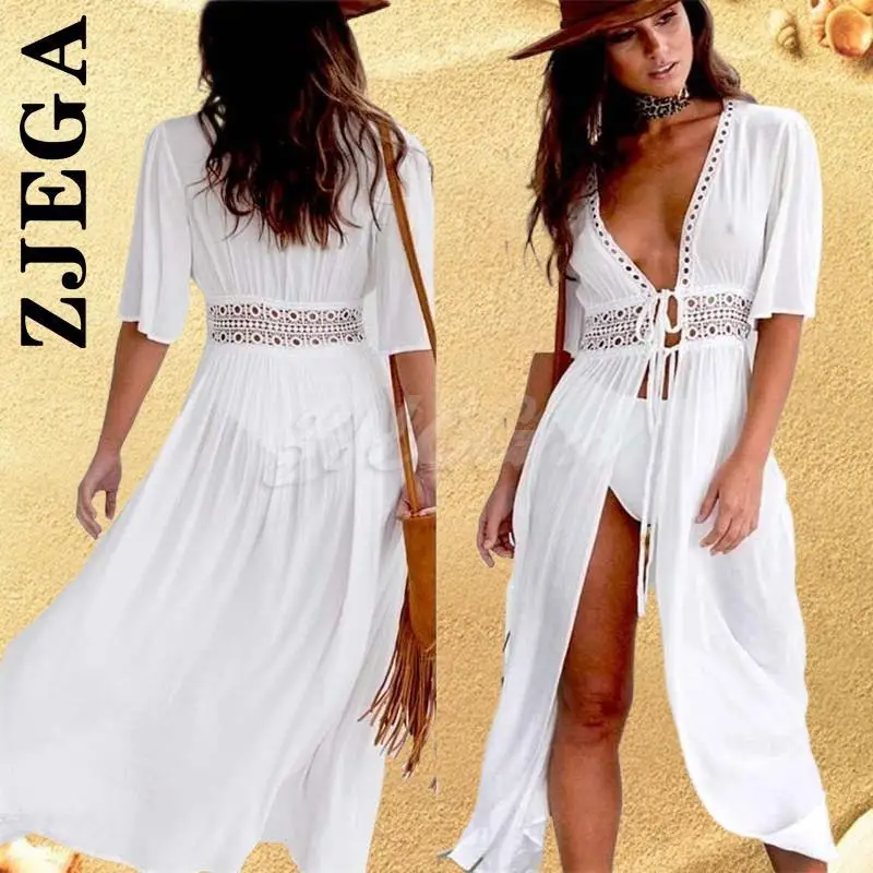 

Пляжная накидка Zjega, парео, белое платье с V-образным вырезом, размеры 3XL, длинное пляжное платье макси, халат, купальный костюм, пляжная одежд...