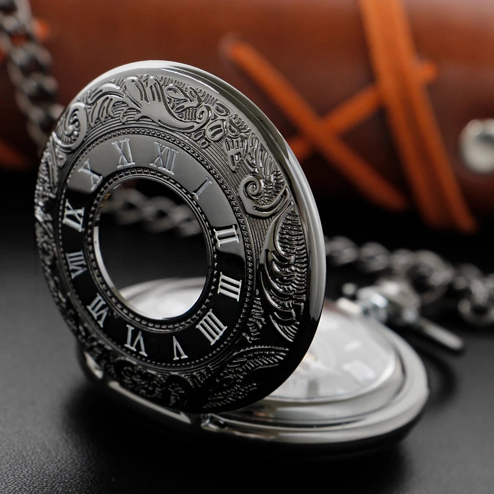 Black Digital Display Hollow Mechanical Pocket Watch Retro with Chain Steampunk Clock Men and Women Jewelry Necklace Gift