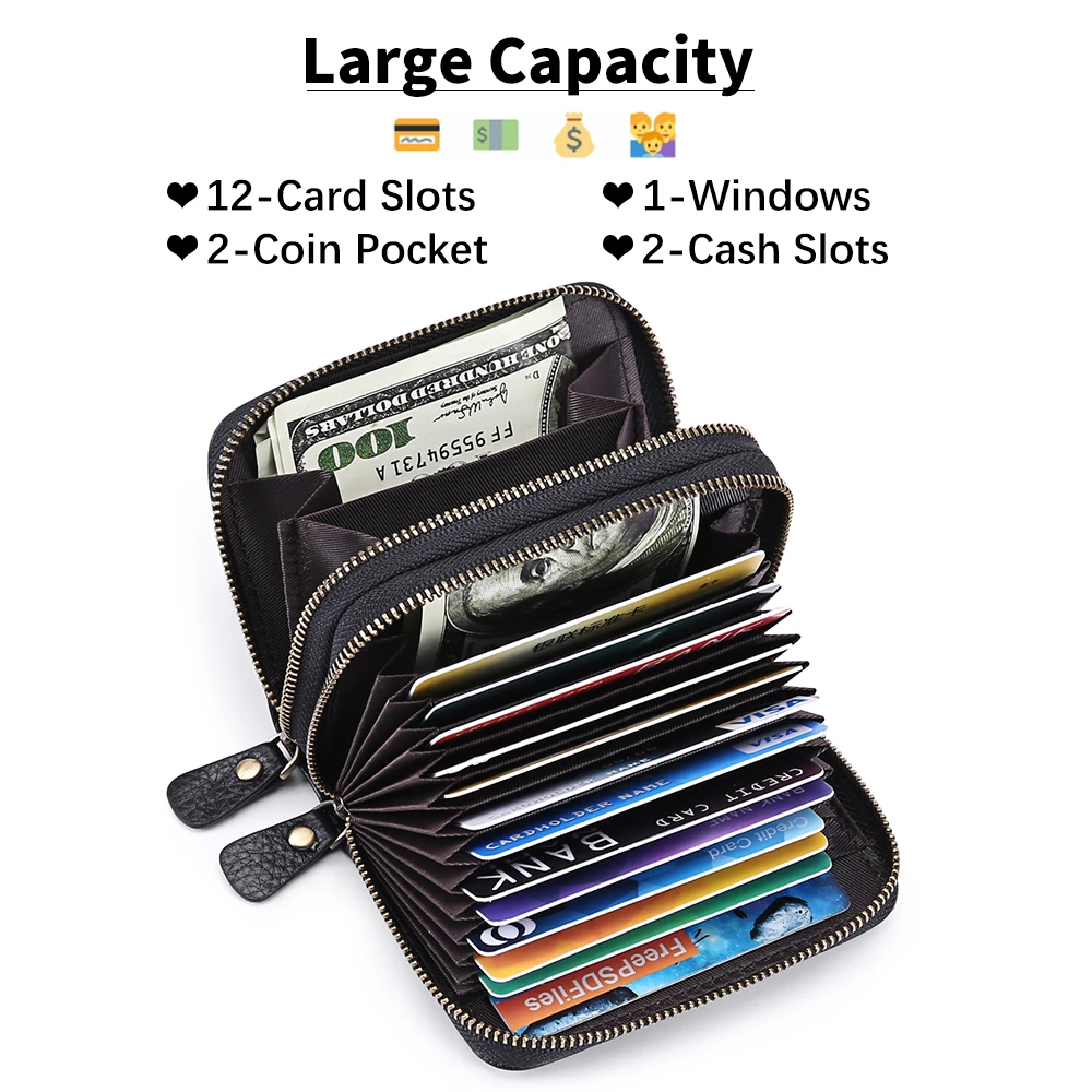 SENDEFN RFID Blocking Fashion Women Card Holder Genuine Leather Wallet Double Coin Zipper Large Capacity Female Wallet Purse