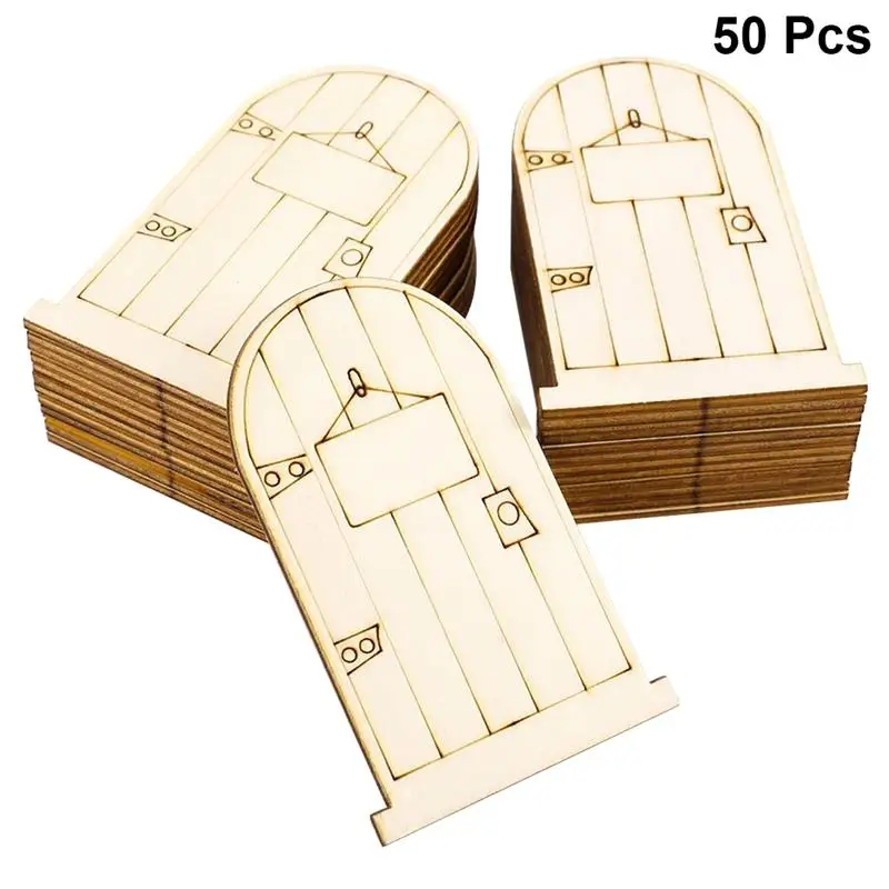 

50pcs Wooden Fairy Doors Unpainted Wooden Pieces Ornament Cutouts Craft DIY Plaque Door Home Decor (Khaki)