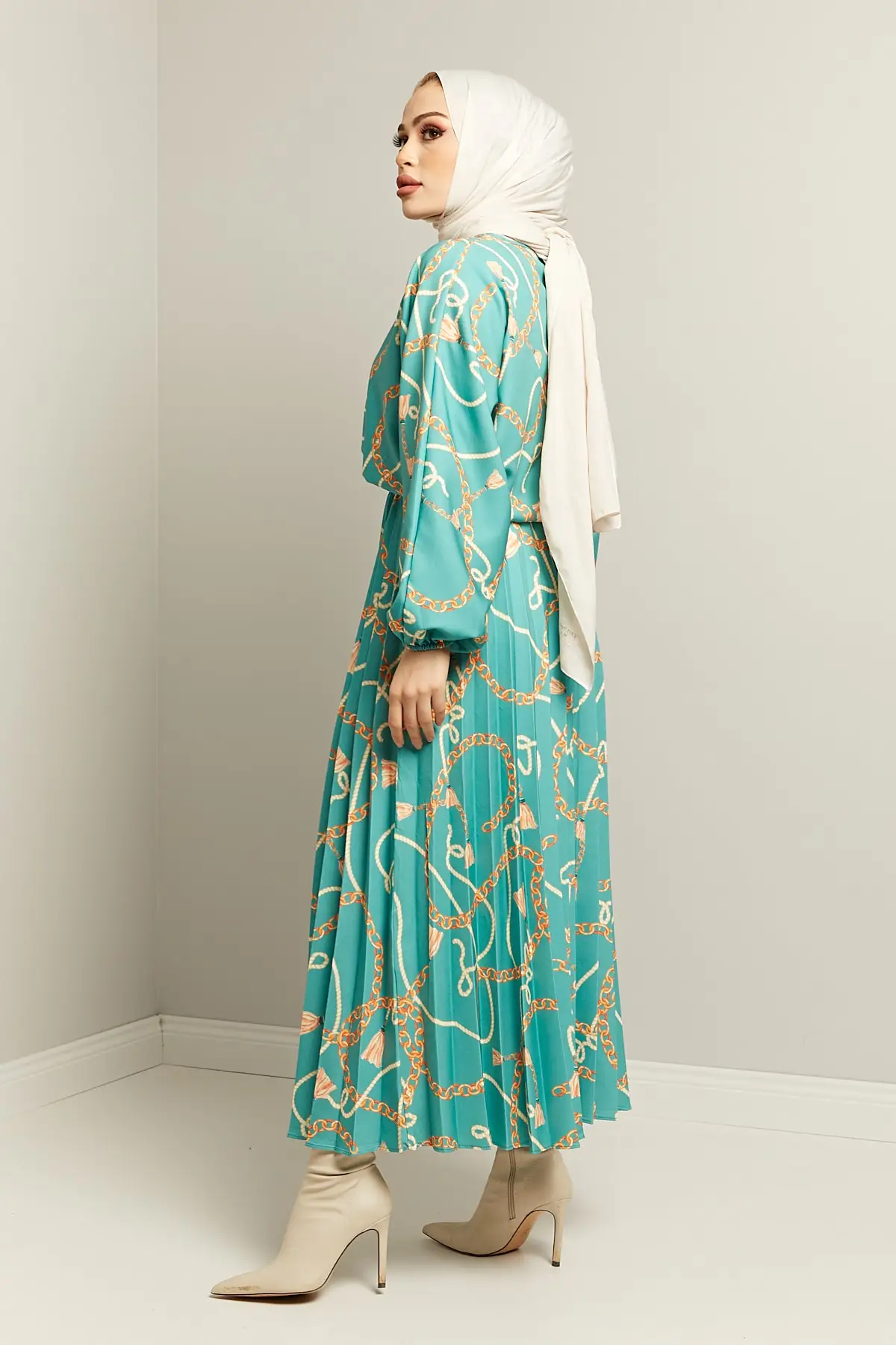 Chain Pattern Elastic Waist Dress Black Standard Size 36-44 Compatible Maxi Hijab Dubai Robe Longue Femme Islam Caftan Fashion