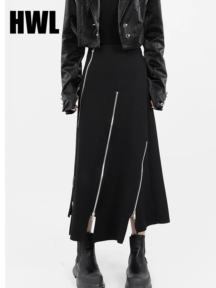 

2022 New Black Zipper Skirt Women A-line High Waist Mid-length Irregular Half Skirt Streetwear Loose Skirt