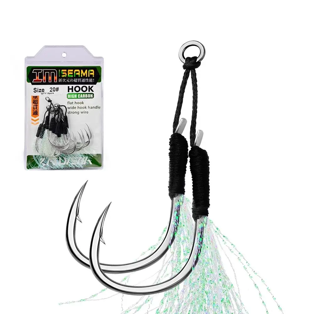 

5Pair/Pack Fishing Assist Hooks Double Barbed Jig Fish Hooks With Glow Feather Jigging Hook Sea Trolling 11-13-15-16-17-18-19-20