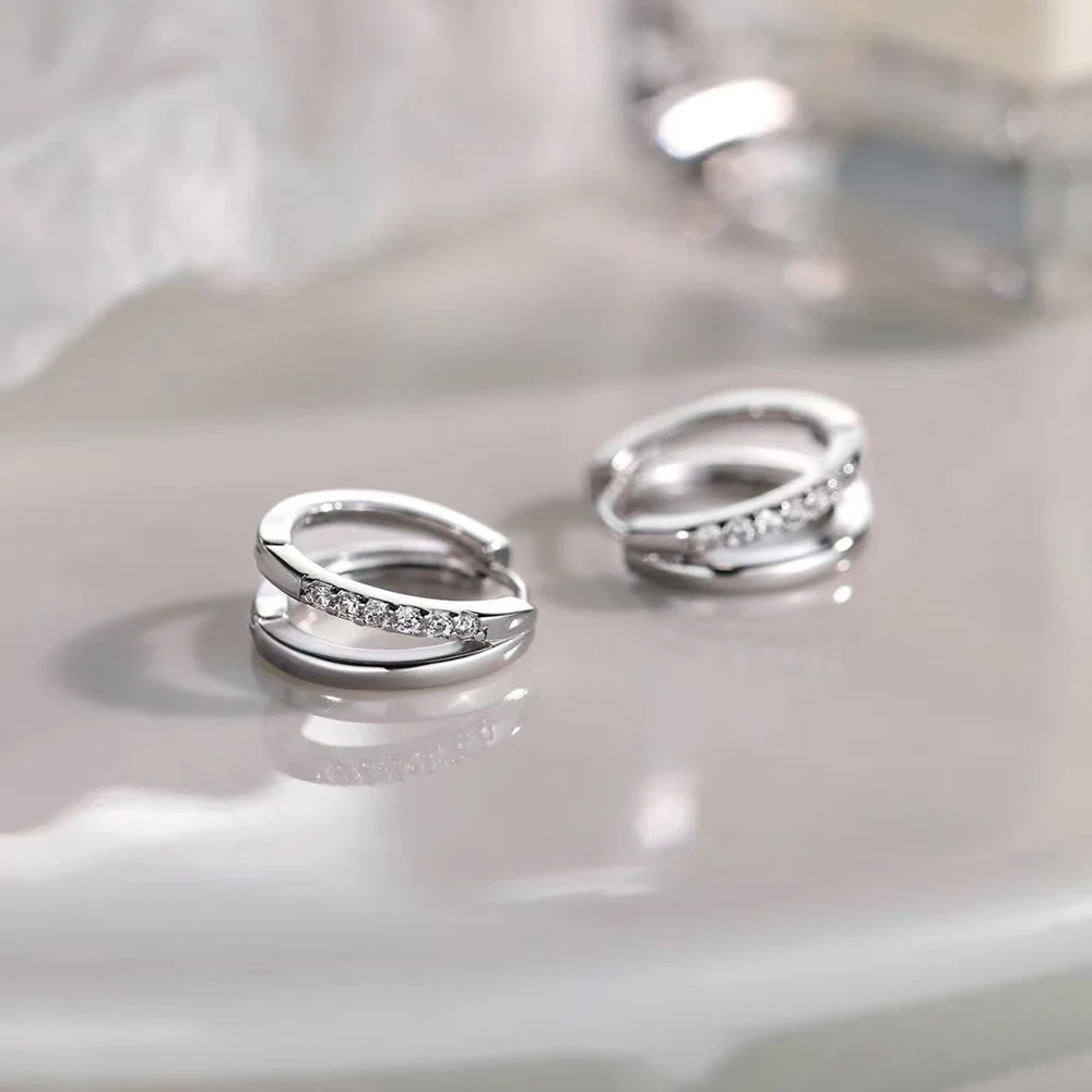 Фото Серьги-кольца из настоящего серебра 925 пробы с двойным слоем циркония для женщин, модные изысканные ювелирные изделия, нишевые аксессуары премиум-класса №5