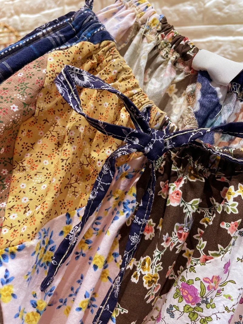 Летнее винтажное хлопково-льняное платье на тонких бретельках в стиле пэчворк Wura