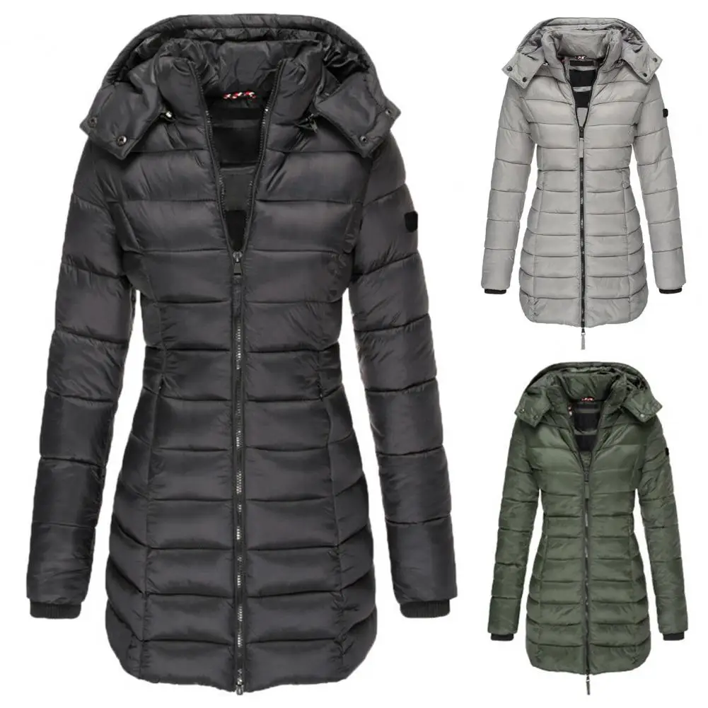 Winter Jacket Solid Color Hooded Slim Pockets Quilted Coat for Daily Wear