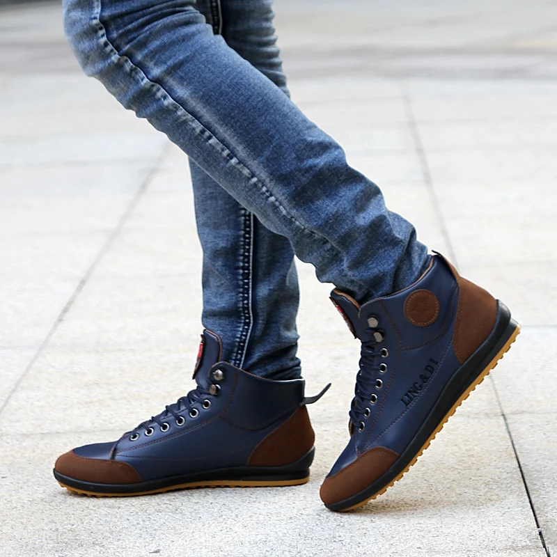 Mens Fashion Casual PU Leather Boots Patchwork Flat Walking Shoes High-top Sneakers