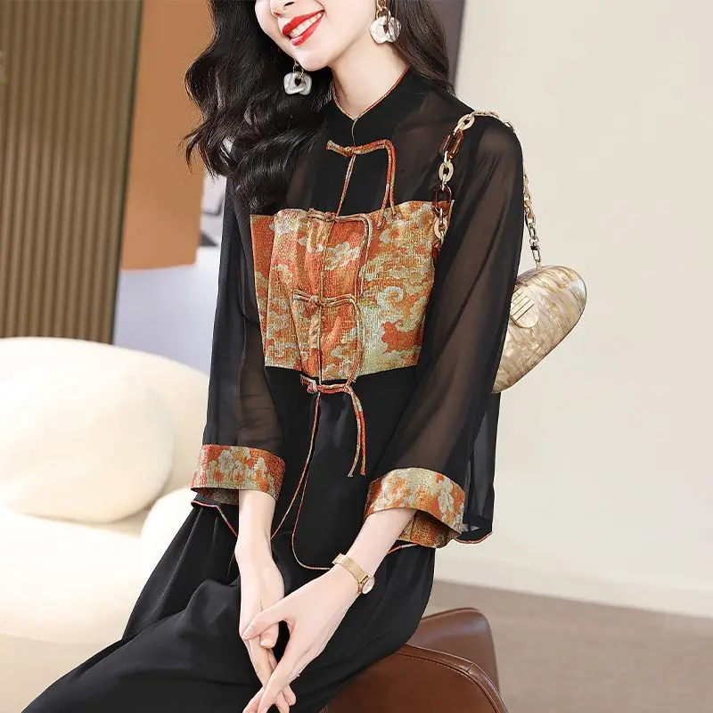 

Silk Women's Shirts Summer 2023 New Satin Patchwork Chinese Style Blouses Loose Long Sleeves Top O-Neck Clothing YCMYUNYAN