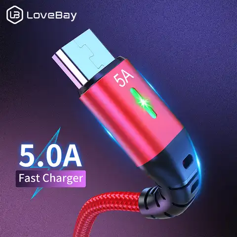 Кабель Micro USB Lovebay 5A со светодиодной подсветкой для быстрой зарядки, шнур для передачи данных Android для Samsung, Xiaomi, Redmi, HUAWEI