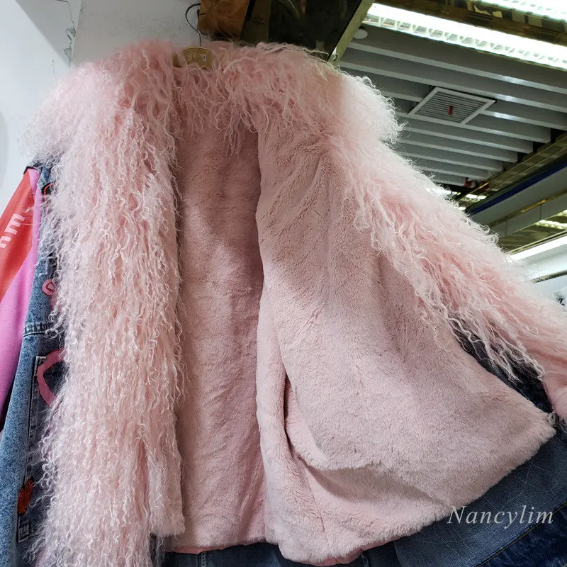 Real Fur Denim Coat Women 2022 Fall Winter Cotton-Padded  Plush Warm Thickened Pink Lamb Fur Patch Neck Sequins Parka Street