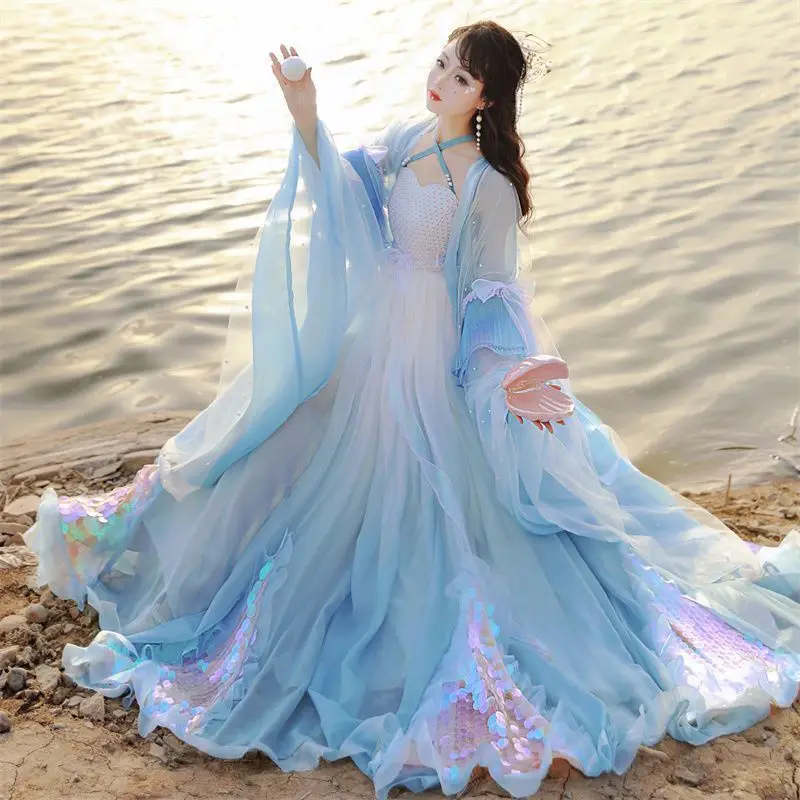 Hanfu Women Large Size Ancient Chinese Hanfu Dress Female Cosplay Costume Stage Dance Dress Summer Hanfu Dress Gradient Blue