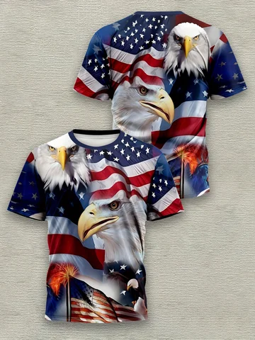 Мужская футболка с рисунком патриотического орла - повседневная одежда с 3D принтом американского флага и круглым вырезом из полиэстера, повседневная одежда стандартной посадки