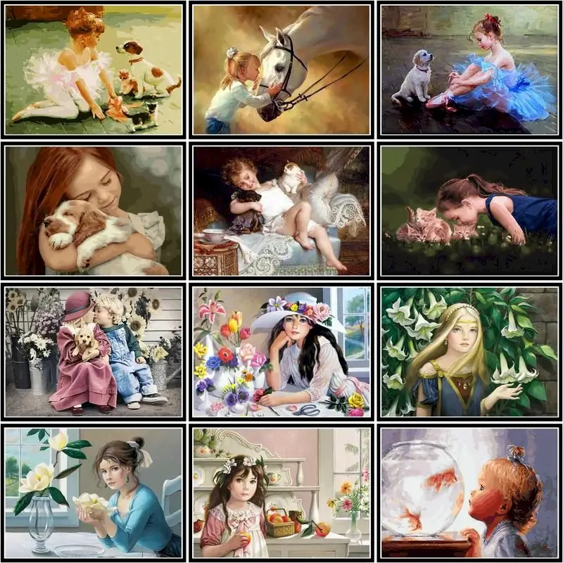 

GATYZTORY Oil Painting By Number Girl And Animal Paint On Canvas Pictures By Number Flower Diy Frame Home Decoration 40x50cm