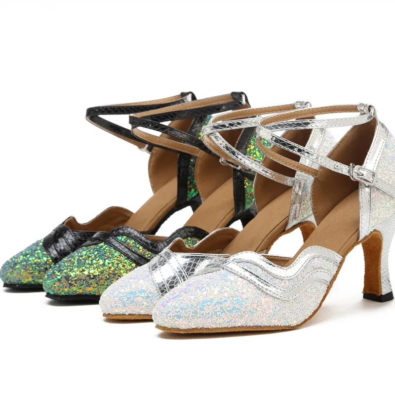 Professional Women Latin Modern dance shoes Ballroom medium high heel dance shoes drill Soft soled Cha cha tango dance shoes