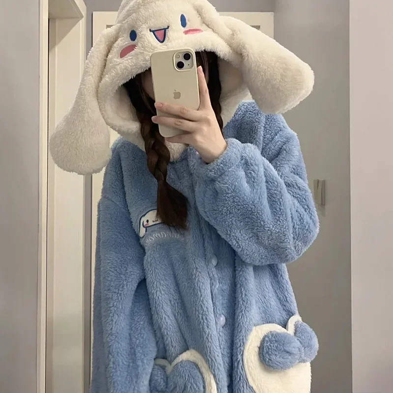 

Anime Sanrio Hello Kitty Kuromi My Melody Cinnamoroll Women Plush Sleepwear Loungewear Cartoon Cute Hooded Pajama Robe Girl Gift