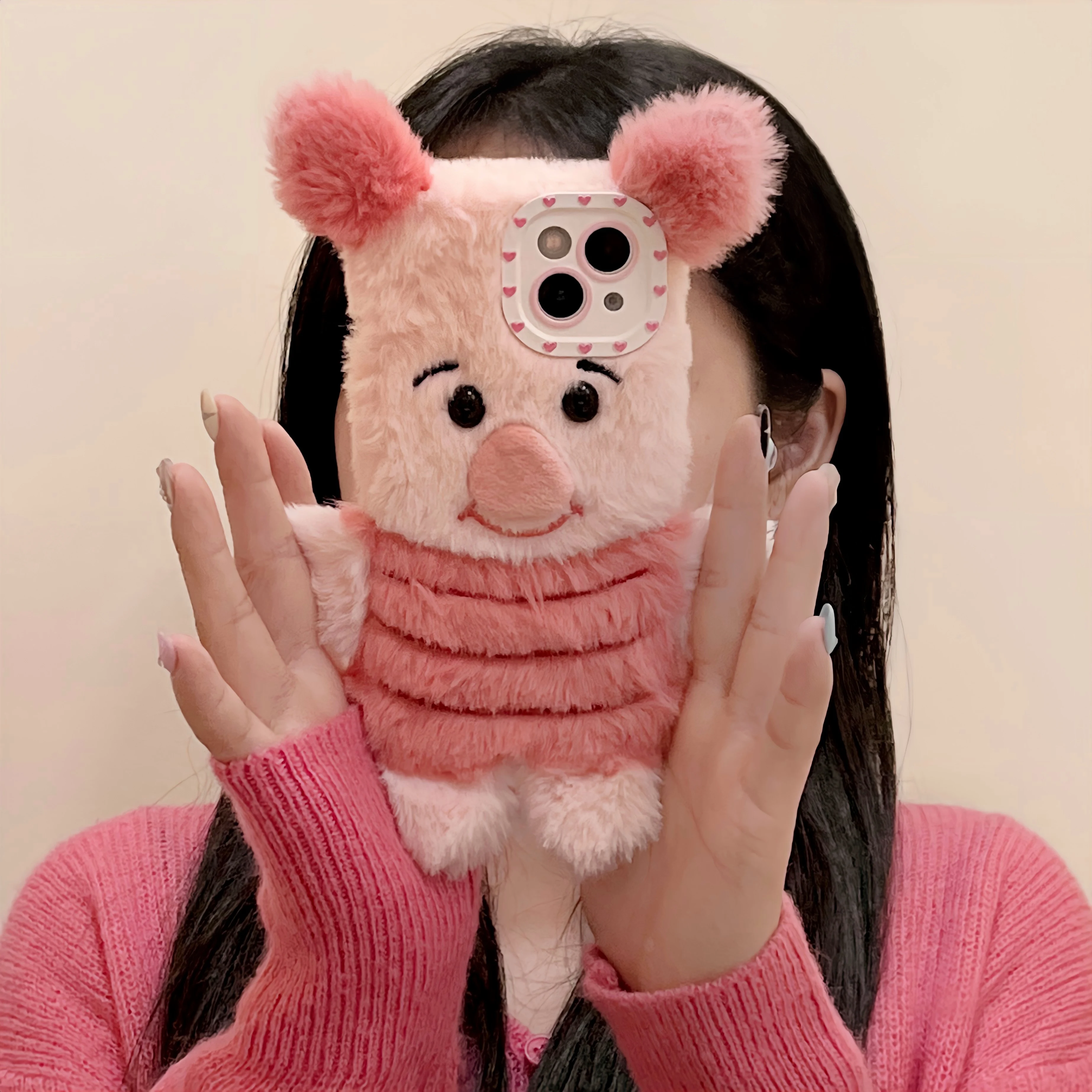 

Cartoon Pink Piglet Pattern Warm Plush Case For iPhone 14 13 Pro Max 12 11 Plus Xs Xr Shockproof TPU Soft Back Cover