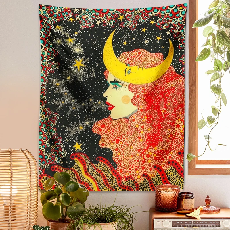 

Moon girl Tapestry Starry Sky moon Wall Hanging Witchcraft Hippie eye Home Wall Black Cool Decor Bohemian Dorm Room Decor Art